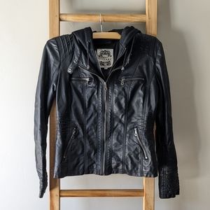 Faux Leather Motorcycle Jacket with Hoodie